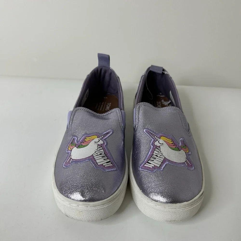 TOMS Shoes Girls 6 Orchid Foil Unicorn Canvas Luca Slip-Ons Lilac Purple Sparkle